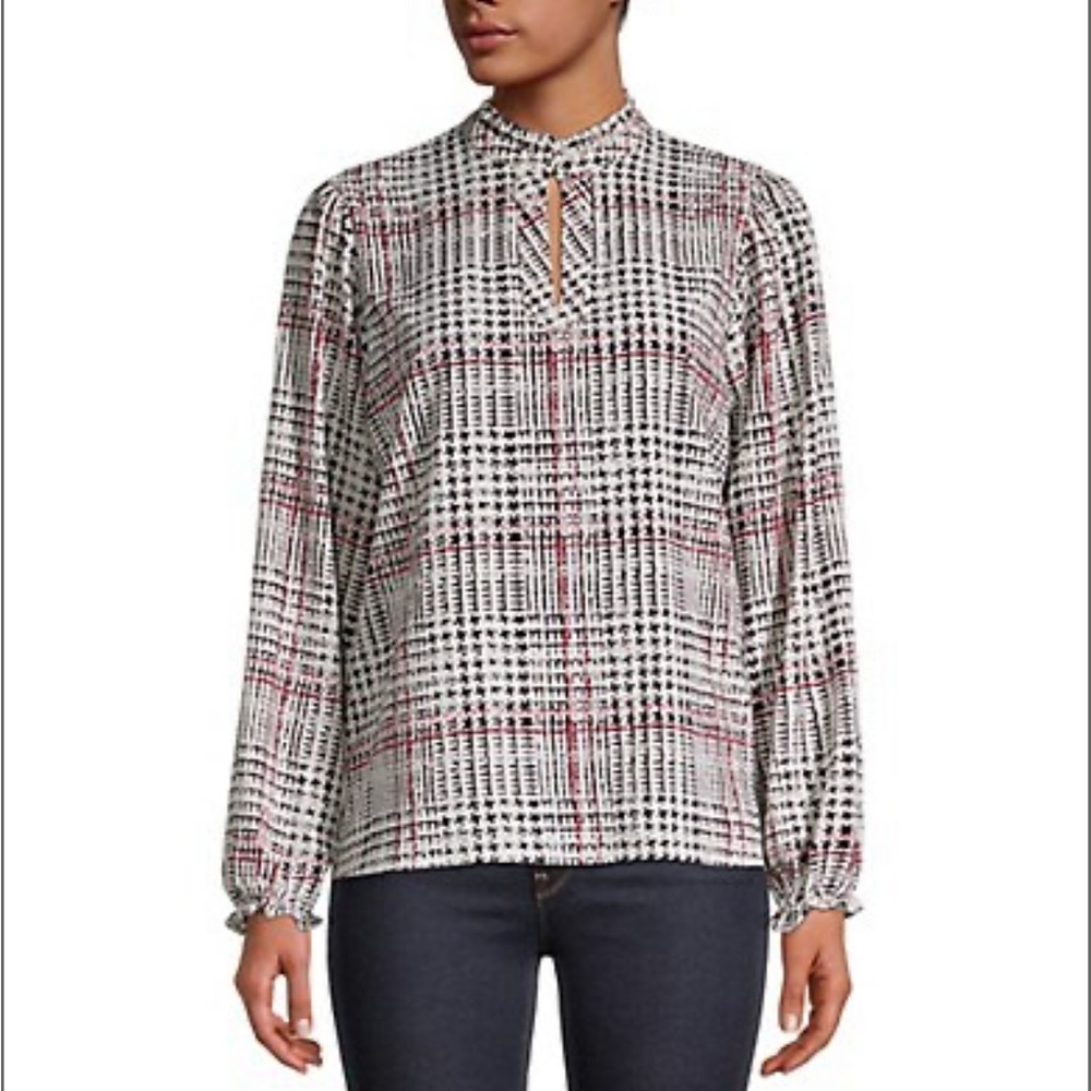 KARL LAGERFELD NWT Houndstooth keyhole high-neck blouse size med heritage print